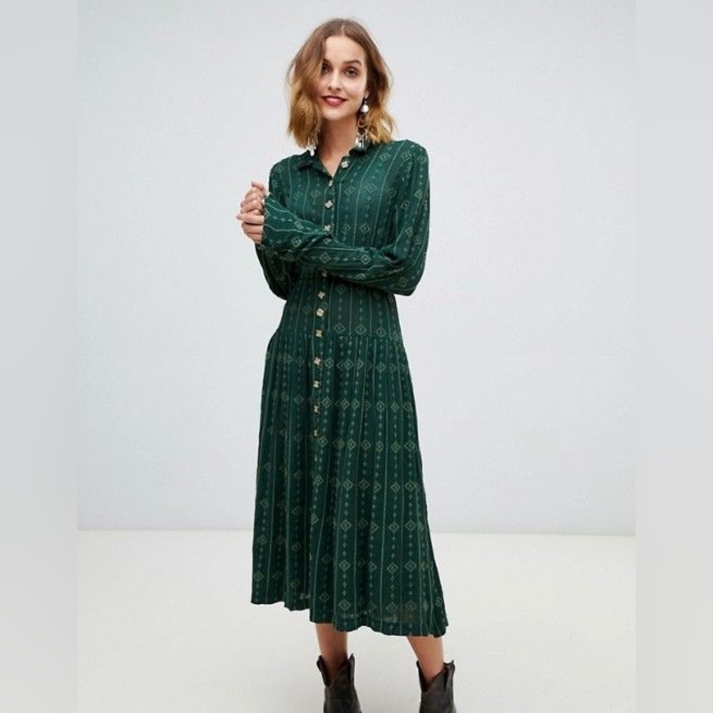 Forest Green Long Sleeve Button-Up Midi Dress